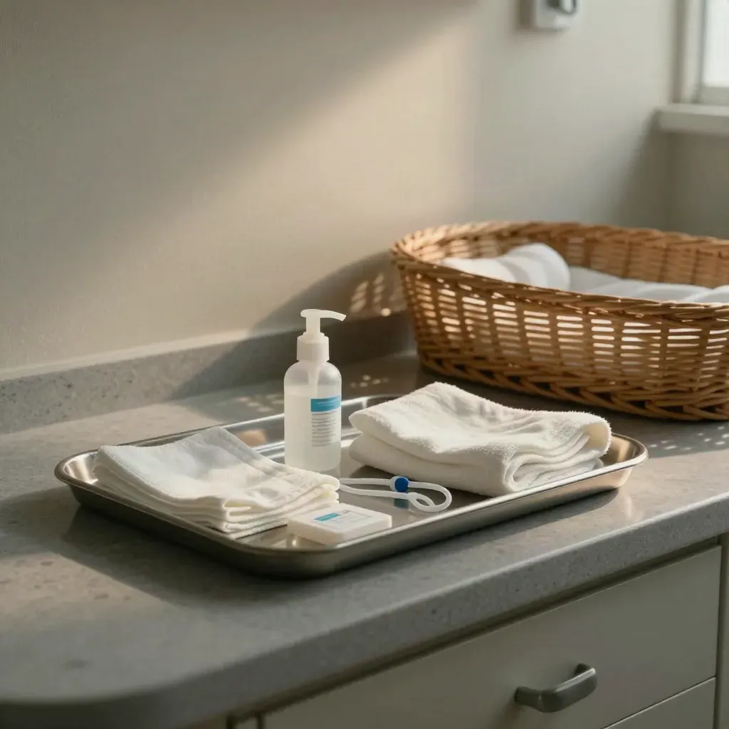 Sala clínica perinatal con cuna de mimbre y kit estéril sobre piedra, luz dramática.