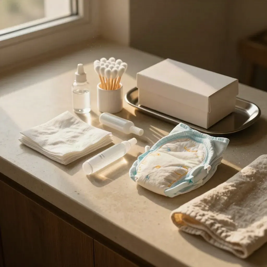 Kit de curas del cordón sobre piedra clara con gasas, suero, bastoncillos, pañal y caja de higiene.