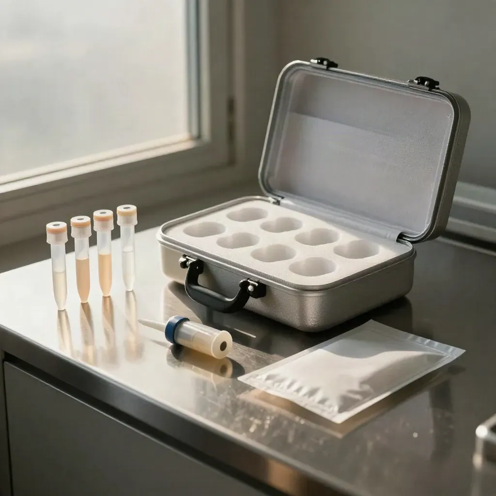 Kit de orientación sobre sangre de cordón sobre acero, con tubos sellados y estuche isotérmico.