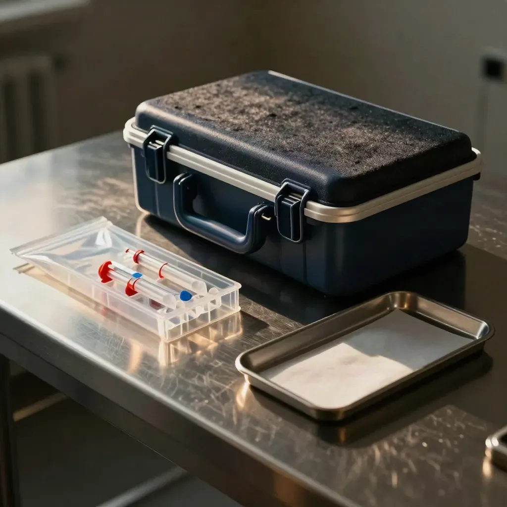 Kit de reserva de sangre de cordón en mesa de acero, con estuche isotérmico y tubos sellados.