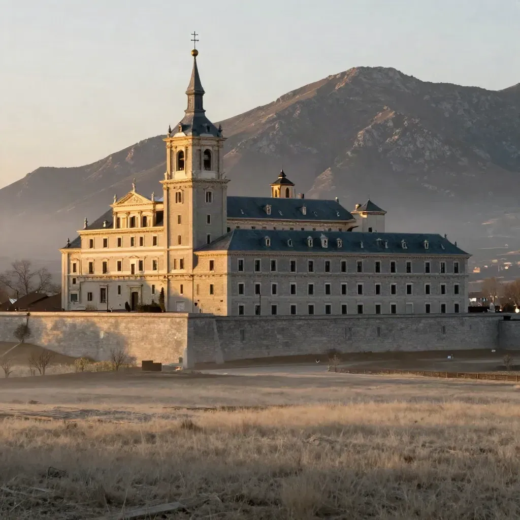 El Escorial al atardecer con la sierra detrás y un valle brumoso y calmado