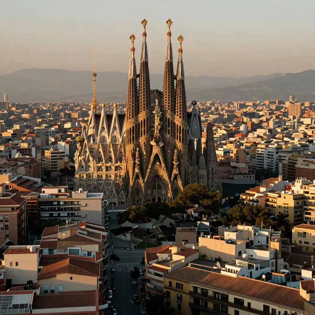 Sagrada Família sobre Barcelona al atardecer, con la ciudad suave y espacio limpio abajo.