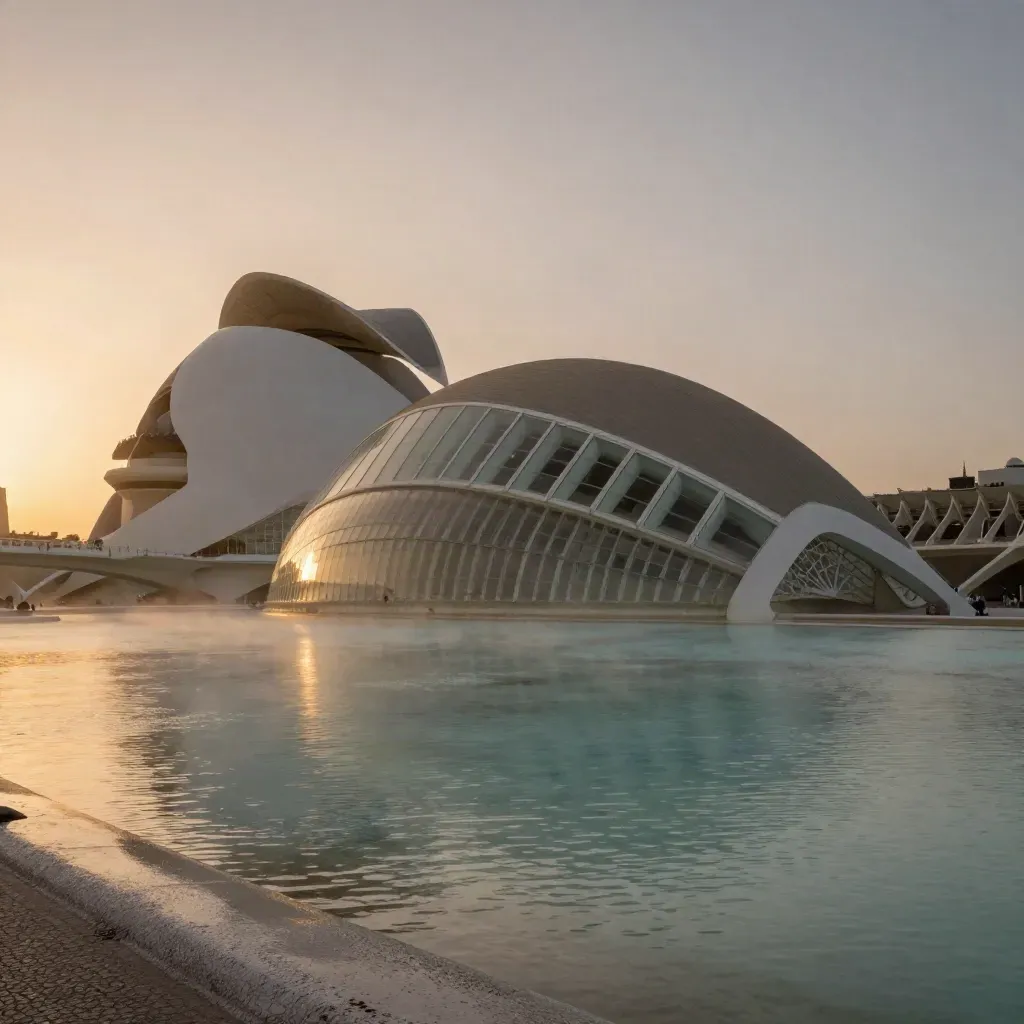La Ciudad de las Artes y las Ciencias sobre agua calma al atardecer, con neblina suave.