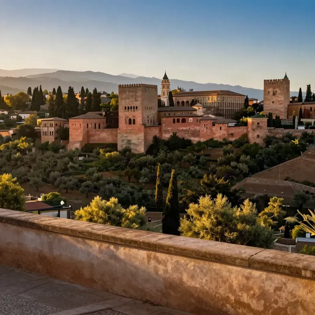 La Alhambra sobre la colina granadina, con olivos y cielo ámbar en luz dorada.